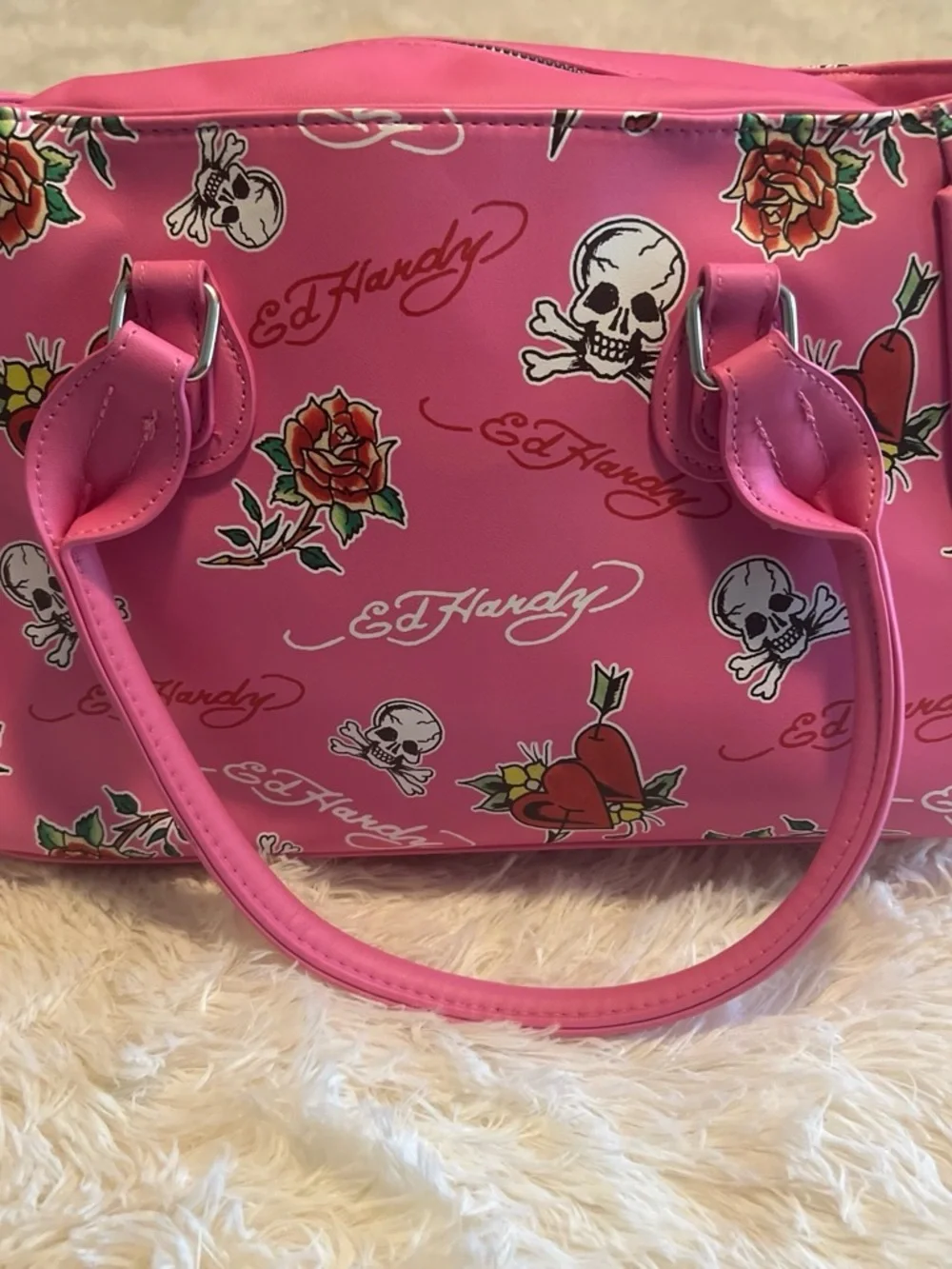 Ed Hardy Hot Pink Tattoo-Print Lunch Satchel with Stud Detail and thermal lining
